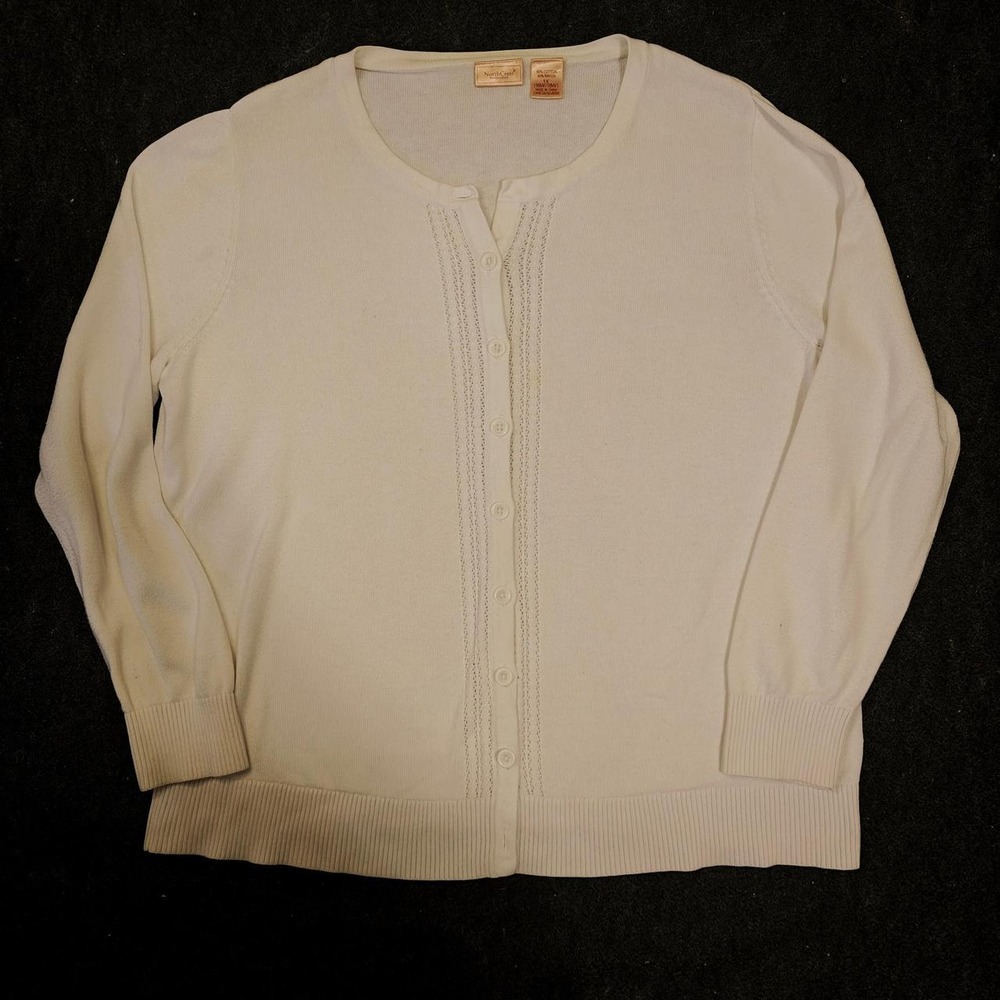 NorthCrest Womens Plus 1X Cream White Button Front Pointelle Cardigan Sweater